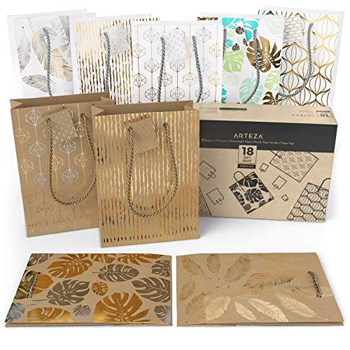 ARTEZA Gift Bags 9.5”x7”x3.4”, Set of 18pcs (9 Mixed Designs, 2 pcs Each Design), Perfect for Any Holiday Occasion, Graduations, Birthday Parties and More!