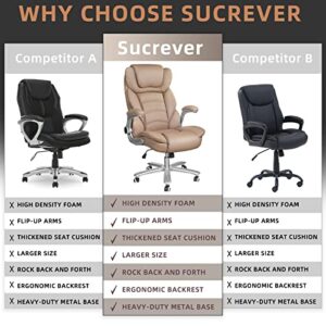 Sucrever Executive Office Chair, Big and Tall Office Chairs for Heavy People 400lbs Wide Seat, High Back Leather Office Chair Lumbar Support with Adjustable Armrests, Office Desk Chair, Brown