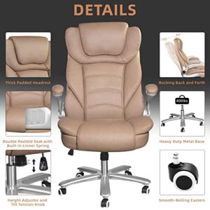 Sucrever Executive Office Chair, Big and Tall Office Chairs for Heavy People 400lbs Wide Seat, High Back Leather Office Chair Lumbar Support with Adjustable Armrests, Office Desk Chair, Brown