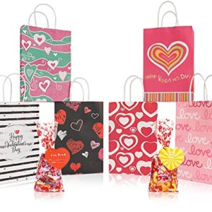AKEROCK Valentines Day Gift Bags for Kids, 18 Pcs Paper Bags with Handles & 18 Pcs Cellophane Bags with Twist Ties & 18 Pcs Heart Shaped Cards, Valentine Bags bulk for Candy & Treat
