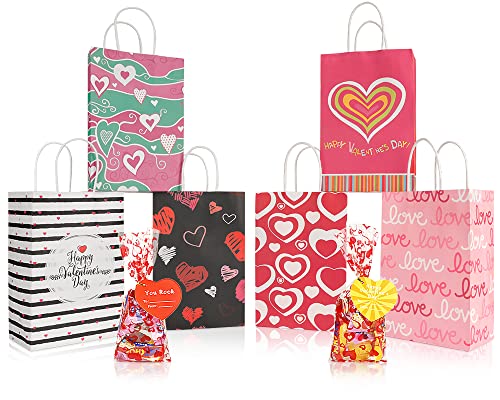 AKEROCK Valentines Day Gift Bags for Kids, 18 Pcs Paper Bags with Handles & 18 Pcs Cellophane Bags with Twist Ties & 18 Pcs Heart Shaped Cards, Valentine Bags bulk for Candy & Treat