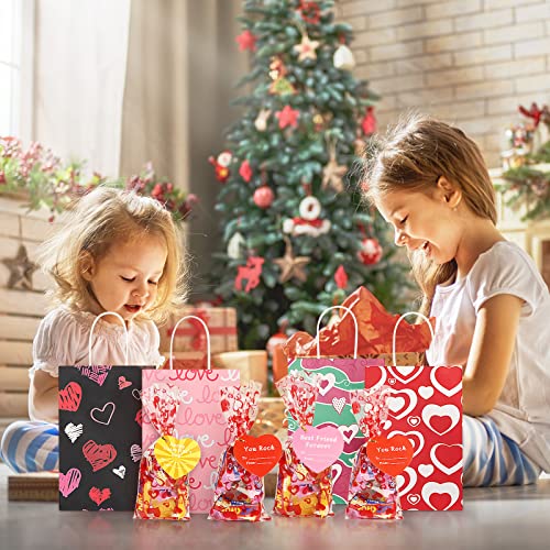 AKEROCK Valentines Day Gift Bags for Kids, 18 Pcs Paper Bags with Handles & 18 Pcs Cellophane Bags with Twist Ties & 18 Pcs Heart Shaped Cards, Valentine Bags bulk for Candy & Treat