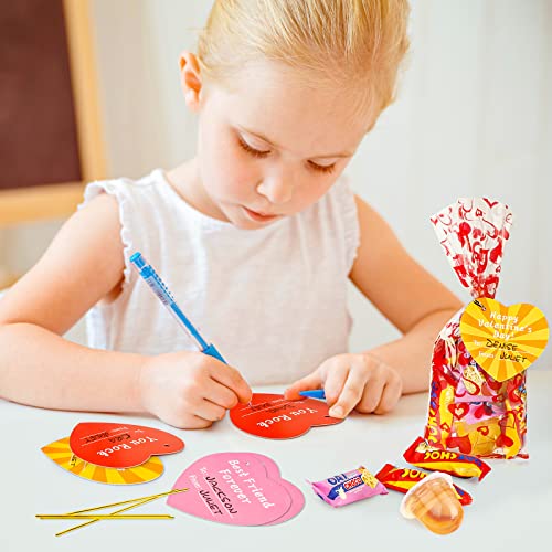 AKEROCK Valentines Day Gift Bags for Kids, 18 Pcs Paper Bags with Handles & 18 Pcs Cellophane Bags with Twist Ties & 18 Pcs Heart Shaped Cards, Valentine Bags bulk for Candy & Treat