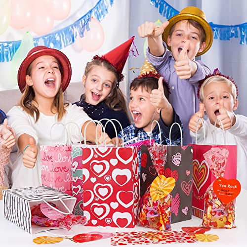 AKEROCK Valentines Day Gift Bags for Kids, 18 Pcs Paper Bags with Handles & 18 Pcs Cellophane Bags with Twist Ties & 18 Pcs Heart Shaped Cards, Valentine Bags bulk for Candy & Treat