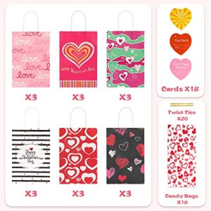 AKEROCK Valentines Day Gift Bags for Kids, 18 Pcs Paper Bags with Handles & 18 Pcs Cellophane Bags with Twist Ties & 18 Pcs Heart Shaped Cards, Valentine Bags bulk for Candy & Treat