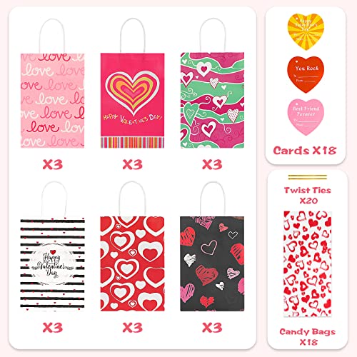 AKEROCK Valentines Day Gift Bags for Kids, 18 Pcs Paper Bags with Handles & 18 Pcs Cellophane Bags with Twist Ties & 18 Pcs Heart Shaped Cards, Valentine Bags bulk for Candy & Treat