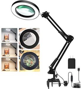 led magnifying glass desk lamp with clamp ,3 color modes 10 levels dimmable adjustable swivel arm for reading rework craft workbench