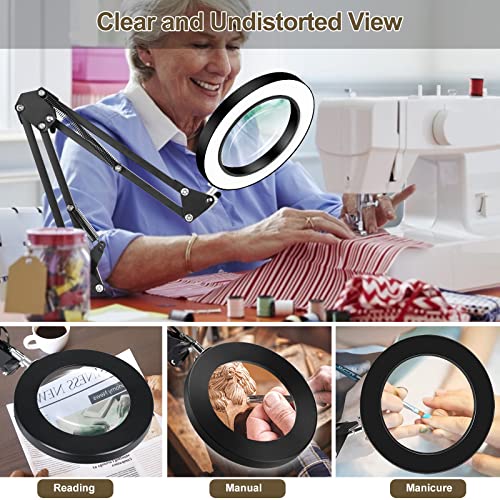 LED Magnifying Glass Desk Lamp with Clamp ,3 Color Modes 10 Levels Dimmable Adjustable Swivel Arm for Reading Rework Craft Workbench