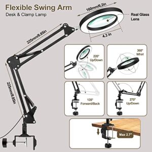 LED Magnifying Glass Desk Lamp with Clamp ,3 Color Modes 10 Levels Dimmable Adjustable Swivel Arm for Reading Rework Craft Workbench