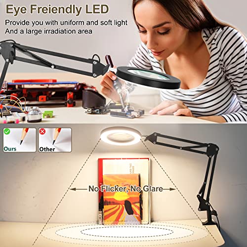LED Magnifying Glass Desk Lamp with Clamp ,3 Color Modes 10 Levels Dimmable Adjustable Swivel Arm for Reading Rework Craft Workbench