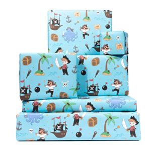central 23 – pirate gift wrap – 6 sheets of cool wrapping paper for kids – pirates treasure ship island – for boys girls – son nephew grandson – blue – recyclable