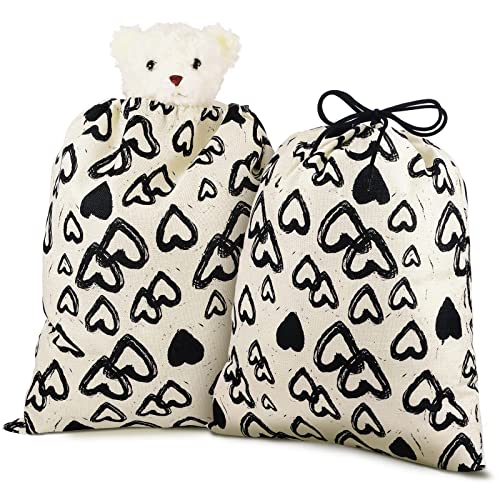 2 Pieces Large Gift Bag with Drawstring Large Canvas Gift Bags Heart Print Drawstring Present Wedding Bags Wrapping Reusable Bag Present Wrap Bags for Valentine's Day Party Favors, 20 x 16 In (Black)