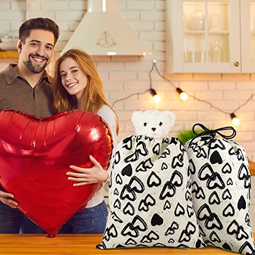 2 Pieces Large Gift Bag with Drawstring Large Canvas Gift Bags Heart Print Drawstring Present Wedding Bags Wrapping Reusable Bag Present Wrap Bags for Valentine's Day Party Favors, 20 x 16 In (Black)