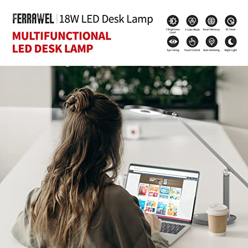 Ferrawel Natural Light LED Desk Lamp for Home Office, Auto-Dimming Eye-Caring Desk Light, Adjustable Metal Swing Arm Table Lamp, Architect Drafting Task Lamp, with Memory Function for Bedroom, Office