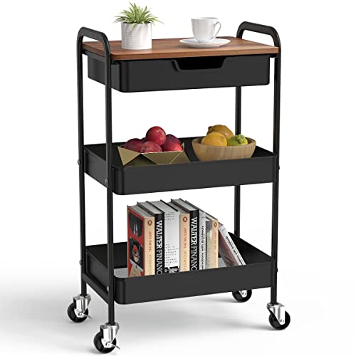 Aratan Utility Rolling Cart with Table Top, 3 Tier Metal Storage Cart with Drawer, Kitchen Organizer Cart with Handle and Locking Wheels for Bathroom Office Balcony Living Room (Black)