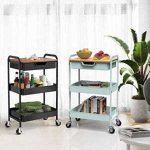 Aratan Utility Rolling Cart with Table Top, 3 Tier Metal Storage Cart with Drawer, Kitchen Organizer Cart with Handle and Locking Wheels for Bathroom Office Balcony Living Room (Black)