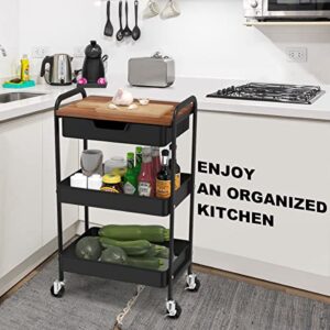 Aratan Utility Rolling Cart with Table Top, 3 Tier Metal Storage Cart with Drawer, Kitchen Organizer Cart with Handle and Locking Wheels for Bathroom Office Balcony Living Room (Black)