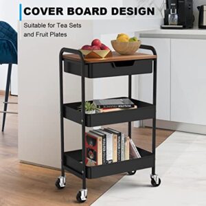 Aratan Utility Rolling Cart with Table Top, 3 Tier Metal Storage Cart with Drawer, Kitchen Organizer Cart with Handle and Locking Wheels for Bathroom Office Balcony Living Room (Black)