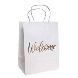 wedding welcome bags – 24 piece elegant wedding gift bags with word ‘’welcome’’ embossed in gold foil letters – 4.75″ x 8″ x 10.25″ inches – white (pack of 24)