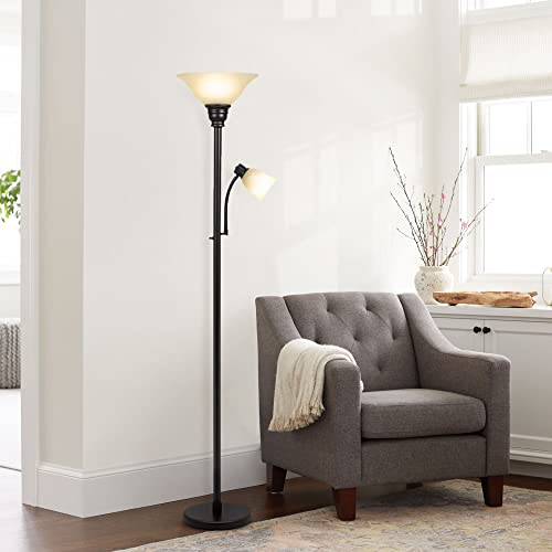 Catalina 18223-002 Transitional Metal Uplight Floor Lamp with Reading Light and Glass Shades, 71", Bronze