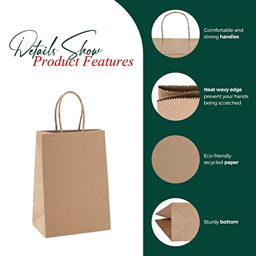 METRONIC Paper Gift Bags 5.25x3.75x8'' 100Pcs Brown Paper Bags with Handles Bulk, Kraft Paper Bags for Small Business, Birthday Wedding Party Favor Bags, Christmas Gift bags, Retail shopping Bags
