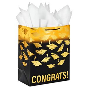 hallmark 13″ large graduation gift bag with tissue paper (gold and black, “congrats!”) for high school, college, kindergarten, 8th grade and more