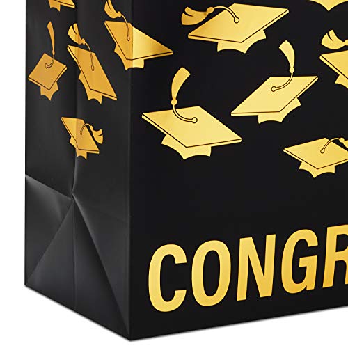 Hallmark 13" Large Graduation Gift Bag with Tissue Paper (Gold and Black, "Congrats!") for High School, College, Kindergarten, 8th Grade and More