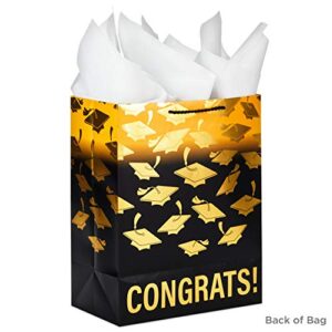 Hallmark 13" Large Graduation Gift Bag with Tissue Paper (Gold and Black, "Congrats!") for High School, College, Kindergarten, 8th Grade and More