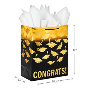 Hallmark 13" Large Graduation Gift Bag with Tissue Paper (Gold and Black, "Congrats!") for High School, College, Kindergarten, 8th Grade and More