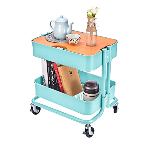 2-Tier Metal Utility Rolling Cart, Storage Side End Table with Cover Board