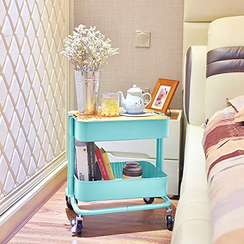 2-Tier Metal Utility Rolling Cart, Storage Side End Table with Cover Board