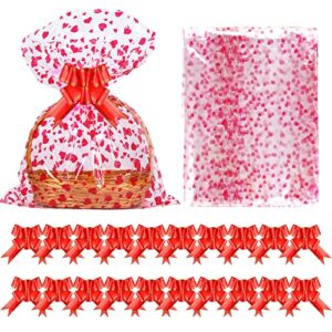 cieovo 20 pieces large valentine basket bags and 20 pieces bows ribbon 27 x 39 inch clear valentines day baskets empty bags heart printed cellophane wrap for gift baskets presents weddings