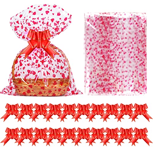 CIEOVO 20 Pieces Large Valentine Basket Bags and 20 Pieces Bows Ribbon 27 x 39 Inch Clear Valentines Day Baskets Empty Bags Heart Printed Cellophane Wrap for Gift Baskets Presents Weddings