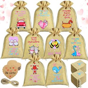 36 pack valentine drawstrings canvas bags with heart tag and rope, valentine gift bags 6 x 5 in anniversary small drawstring bags gift wrap bags for valentine’s day bridal shower wedding party favor