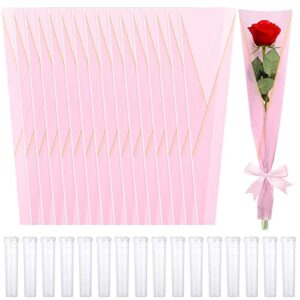 set of 400 flower packaging kit 200 pcs single rose sleeves bulk flower wrapping paper bouquet bags 200 pcs plastic flower water tubes for mothers day wedding birthday (pink)