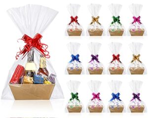 canlierr empty gift basket set basket for gifts empty 8x6x3 inches kraft market tray cardboard basket with handles, bags, and multicolor bows for wedding birthday hostess gift packages (50 pcs)