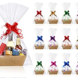 Canlierr Empty Gift Basket Set Basket for Gifts Empty 8x6x3 Inches Kraft Market Tray Cardboard Basket with Handles, Bags, and Multicolor Bows for Wedding Birthday Hostess Gift Packages (50 Pcs)
