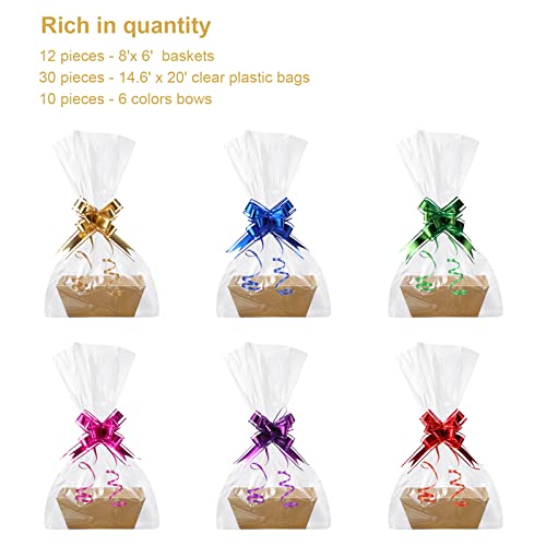 Canlierr Empty Gift Basket Set Basket for Gifts Empty 8x6x3 Inches Kraft Market Tray Cardboard Basket with Handles, Bags, and Multicolor Bows for Wedding Birthday Hostess Gift Packages (50 Pcs)