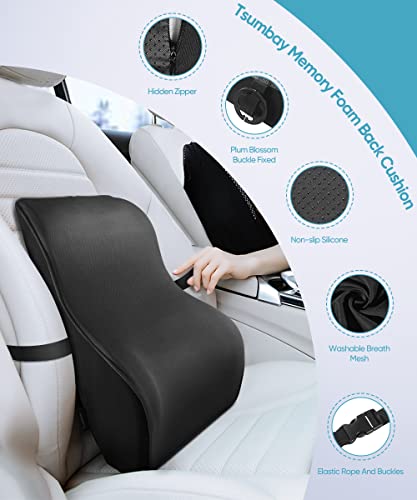 Tsumbay Lumbar Support Pillow Memory Foam Back Cushion Ergonomic Backrest for Back Pain Relief with Breathable 3D Mesh and Adjustable Belts, for Office Chair, Car Seat, Gaming Chair and Wheelchair