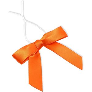 100 pack orange bow twist ties for treat bags, 3-inch pre-tied satin ribbons for crafts, gift wrap, themed party favors, baked goods