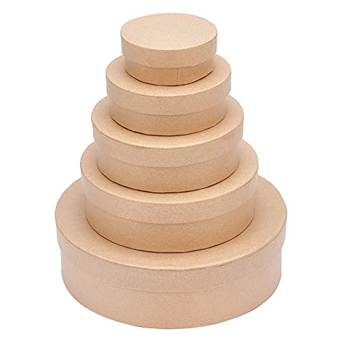 BENECREAT 5 Sizes Papier Mache Flat Round Boxes Nesting Stacking Craft Paper Gift Box for Candy Chocolate Biscuits, Mother's Day, Wedding Festival Gift Packaging