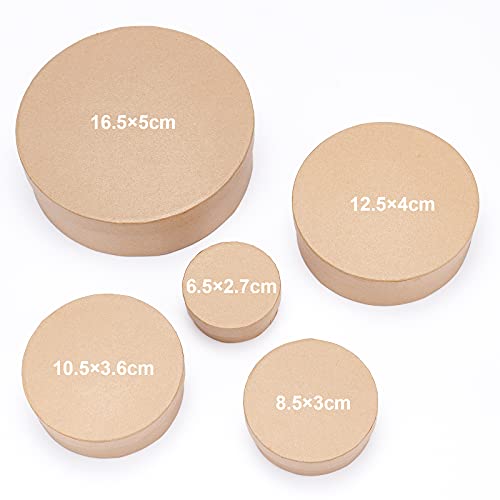 BENECREAT 5 Sizes Papier Mache Flat Round Boxes Nesting Stacking Craft Paper Gift Box for Candy Chocolate Biscuits, Mother's Day, Wedding Festival Gift Packaging