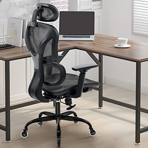 KERDOM Office Chair, Ergonomic Desk Chair, Comfy Breathable Mesh Task Chair with Headrest High Back, Home Computer Chair 5D Adjustable Armrests, Executive Swivel Chair with Roller Blade Wheels