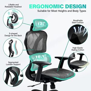 KERDOM Office Chair, Ergonomic Desk Chair, Comfy Breathable Mesh Task Chair with Headrest High Back, Home Computer Chair 5D Adjustable Armrests, Executive Swivel Chair with Roller Blade Wheels