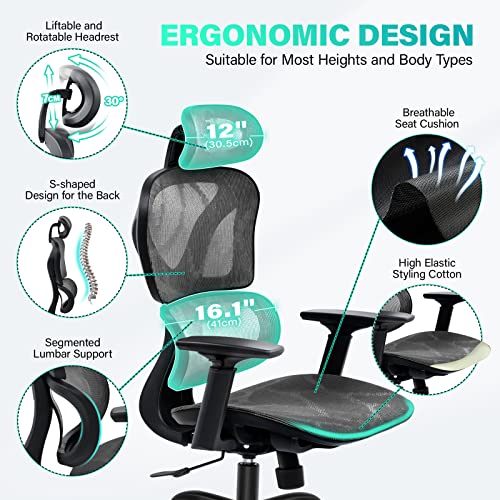 KERDOM Office Chair, Ergonomic Desk Chair, Comfy Breathable Mesh Task Chair with Headrest High Back, Home Computer Chair 5D Adjustable Armrests, Executive Swivel Chair with Roller Blade Wheels