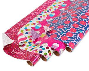 american greetings reversible birthday wrapping paper, floral, cupcakes, and polka dots (4 rolls, 120 sq. ft)