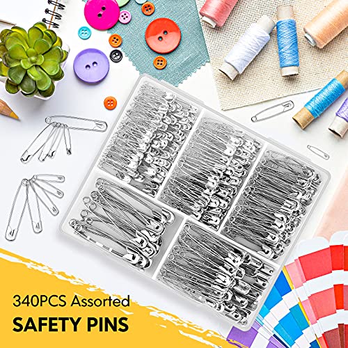 Safety Pins Assorted, 340 PCS Nickel Plated Steel large Safety Pins Heavy Duty, 5 Different Sizes Safety Pin, Safety Pins Bulk, Small Safety Pins for Pinning, Sewing, Jackets, Clothes, Crafts (Silver)