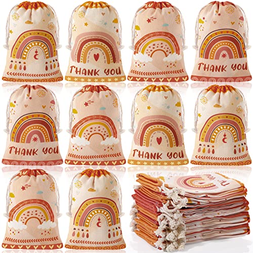 Coume 24 Pcs Boho Rainbow Party Favor Bags 4 x 6 Inches Canvas Drawstring Treat Gift Pouches Mini Candy Goodie Bags Rainbow Party Decorations for Rainbow Themed Birthday Baby Shower Party Supplies