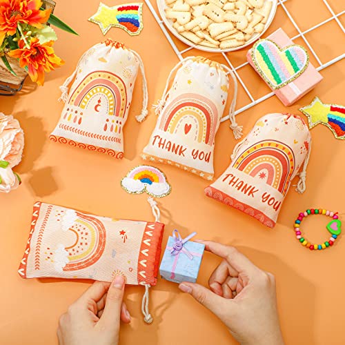 Coume 24 Pcs Boho Rainbow Party Favor Bags 4 x 6 Inches Canvas Drawstring Treat Gift Pouches Mini Candy Goodie Bags Rainbow Party Decorations for Rainbow Themed Birthday Baby Shower Party Supplies