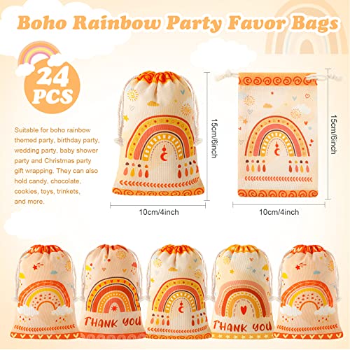 Coume 24 Pcs Boho Rainbow Party Favor Bags 4 x 6 Inches Canvas Drawstring Treat Gift Pouches Mini Candy Goodie Bags Rainbow Party Decorations for Rainbow Themed Birthday Baby Shower Party Supplies